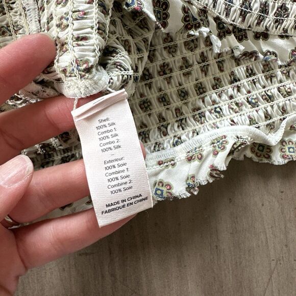 Silk Cinq a Sept Pascal Mini Medallion Blouse Small Smocked Off Cold Shoulder - Picture 4 of 13